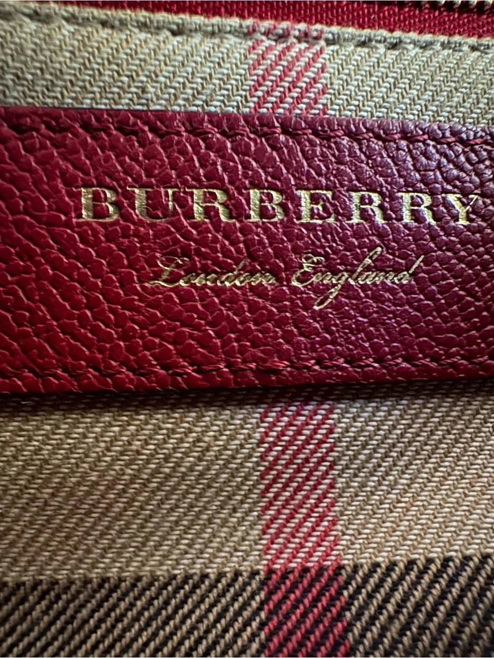 Burberry Red Leather Satchel with Gold Buckle and Check Strap
